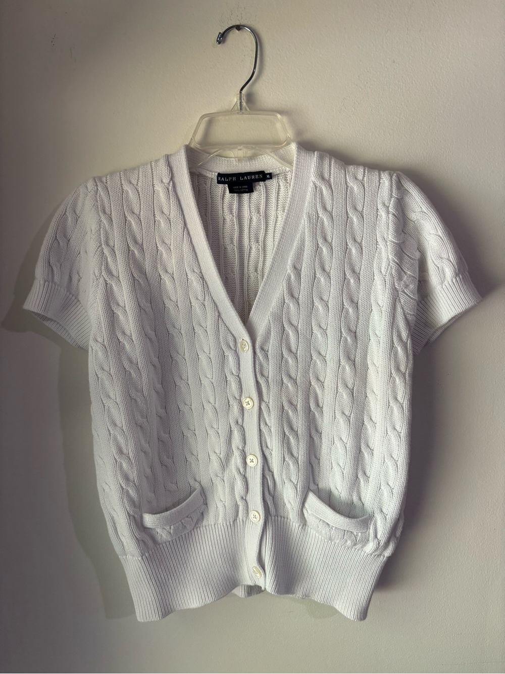 Ralph Lauren White Cable-Knit Short-Sleeve Cardigan 100% Cotton